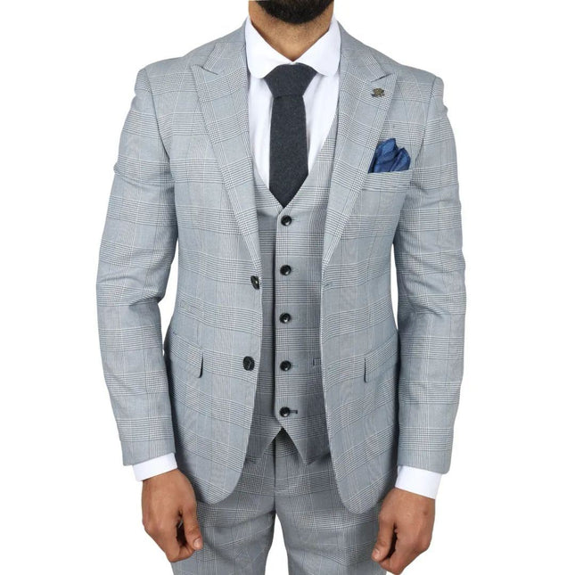 Men's Blue Checked 3 Piece Suit Tailored Fit Suit Formal Wedding