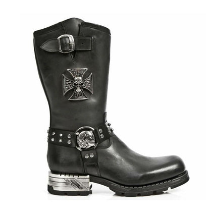 New Rock Men's Black Leather Gothic Cowboy Boots - MR030-S1