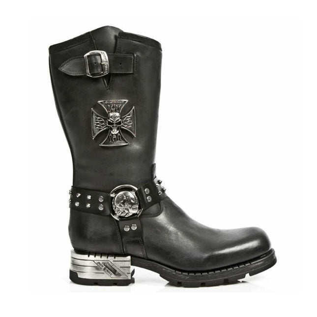 New Rock Men's Black Leather Gothic Cowboy Boots - MR030-S1