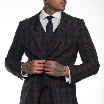 Men's Check Navy Blue 3 Piece Suit