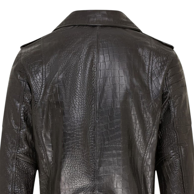 Mens Black Cow Leather Alligator Print Embossed Biker Jacket - Rot