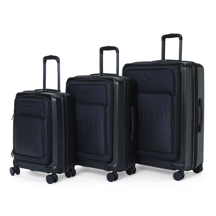 Hybrid ABS+PU Hard Shell Black Suitcase Set 8 Wheel Front Pocket Luggage