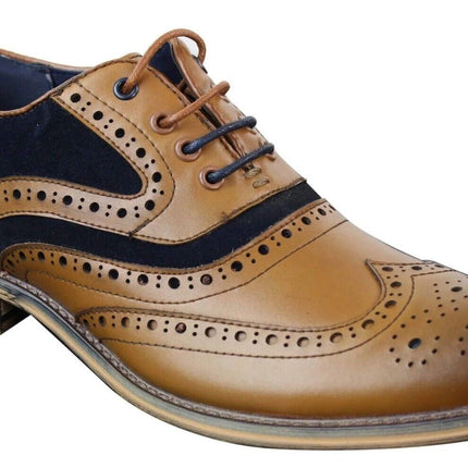 Mens Classic Navy Suede Oxford Brogue Shoes in Tan Leather
