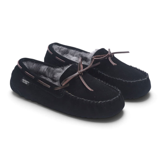 Women's Black Genuine Sheepskin Moccasin Winter Slippers - Aspen