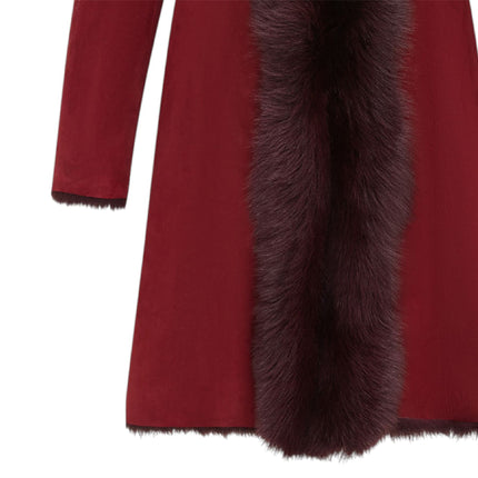 Womens Burgundy Red Toscana Sheepskin Suede Trench Coat-Tbilisi
