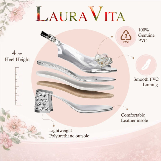 Laura Vita Women’s Clear Silver Slip-On Cinderella Block Heel Sandals - Marlene 12