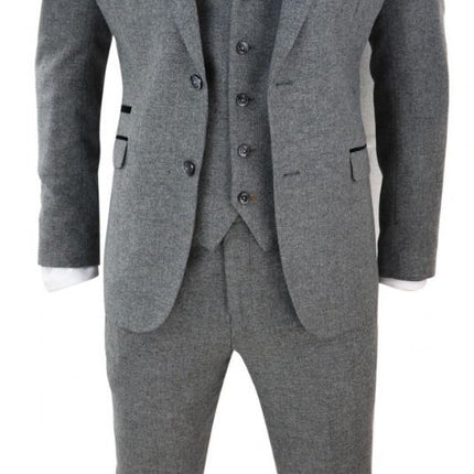 Mens 3 Piece Dark Grey Herringbone Wool Tweed Retro Suit