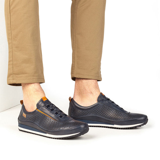 Pikolinos Men's Blue Leather Elastic Slip-on Sneaker Trainers Shoes - Liverpool