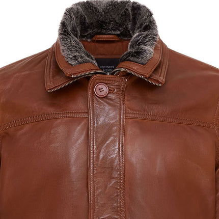 Mens Leather Jacket Classic Trench Coat with Removable Collar Mid Length Warm Overcoat