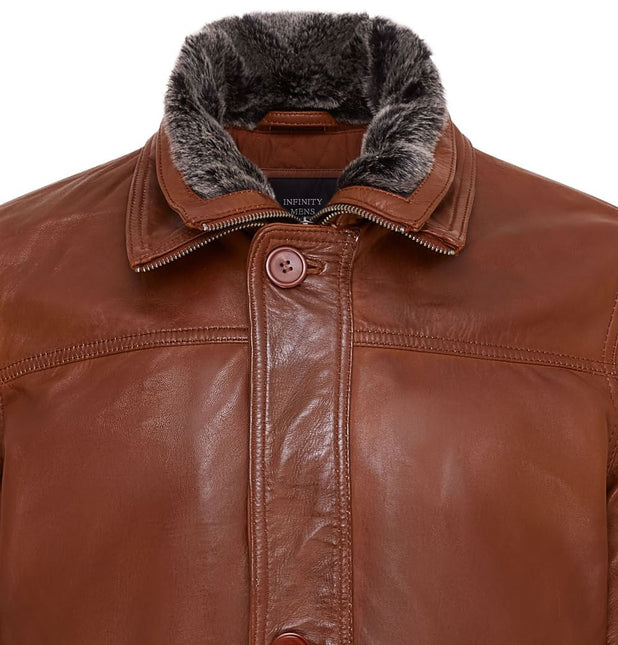 Mens Leather Jacket Classic Trench Coat with Removable Collar Mid Length Warm Overcoat