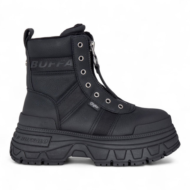 Buffalo Womens Black Chunky Platform Front Zip High Ankle Combat Boots - Fusion