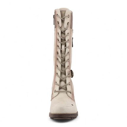 Mustang Women's Cream White Mid-Calf Lace Up Heeled Combat Boots