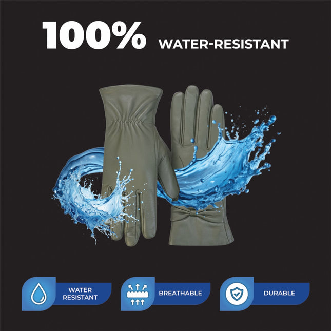 Womens Olive Green Italian Leather Winter Bow Design Soft Wool Lining Gloves - L-GLV-401