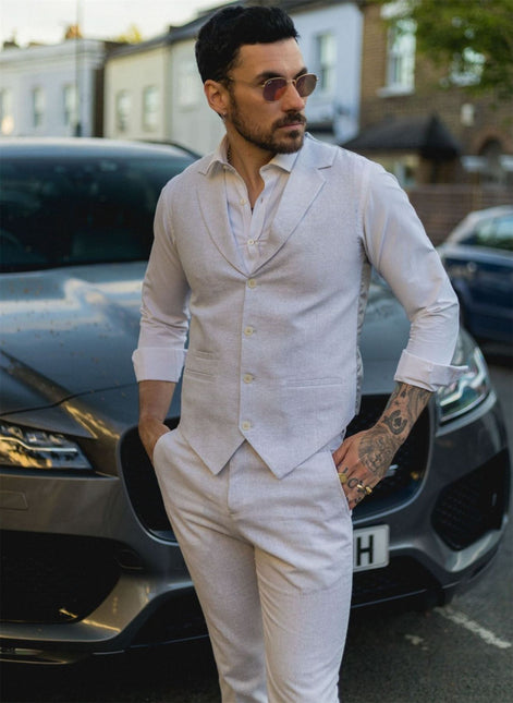 Men's Summer 2 Piece Suit Linen Formal Grey Waistcoat Trousers