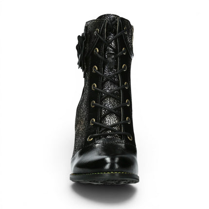 Laura Vita Women’s Black Leather Floral Heeled Lace-Up Boots - Alcbaneo 173
