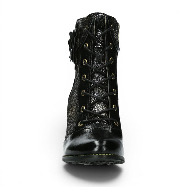 Laura Vita Women’s Black Leather Floral Heeled Lace-Up Boots - Alcbaneo 173