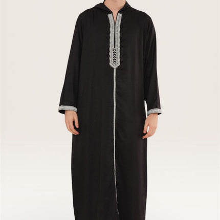 Men's Eid Black Hooded Moroccan Thobe Robe Djellaba Gandoura Ramadan Jubba- HM3