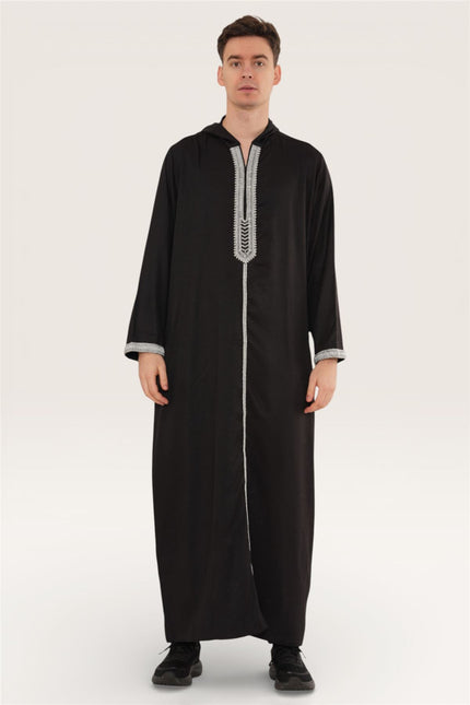 Men's Eid Black Hooded Moroccan Thobe Robe Djellaba Gandoura Ramadan Jubba- HM3