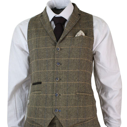 Mens 3 Piece Tan Brown Check Tweed Herringbone Vintage Classic Suit