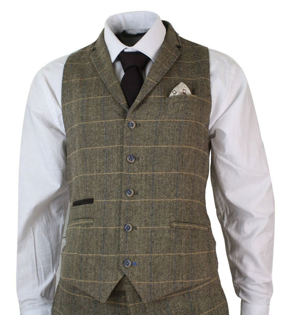 Mens 3 Piece Tan Brown Check Tweed Herringbone Vintage Classic Suit