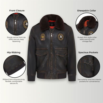 Men's Leather Bomber Sheepskin Collar G-1 Aviator Jacket - Linear