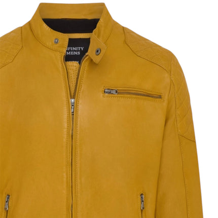Mens Yellow Leather Quilted Shoulder Biker Jacket - Rock