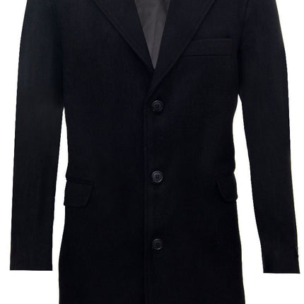 Men's Long Black Wool Slim Fit Overcoat