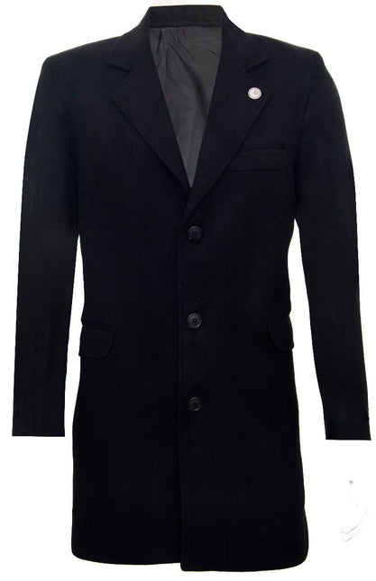 Men's Long Black Wool Slim Fit Overcoat