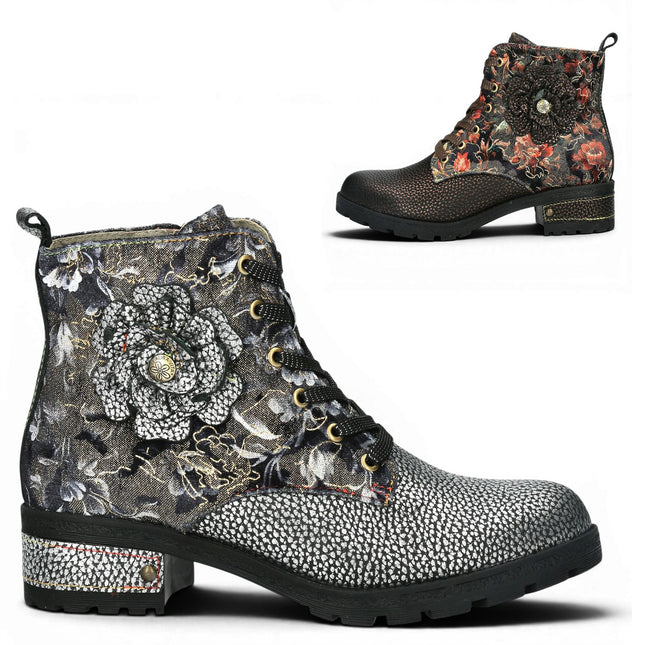 Laura Vita Women's Gothic Victorian Floral Grey Leather Lace-up Boots - Cocrailo-47