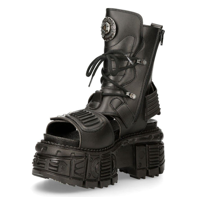 New Rock Unisex Black Vegan Leather Sandal Boots- Bios107-V1