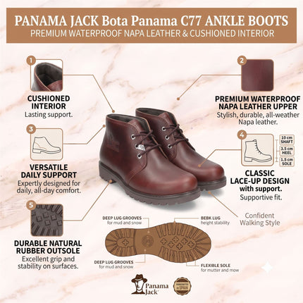 Panama Jack Men's Burgundy Leather Waterproof Lace-Up Ankle Boots - Bota C77