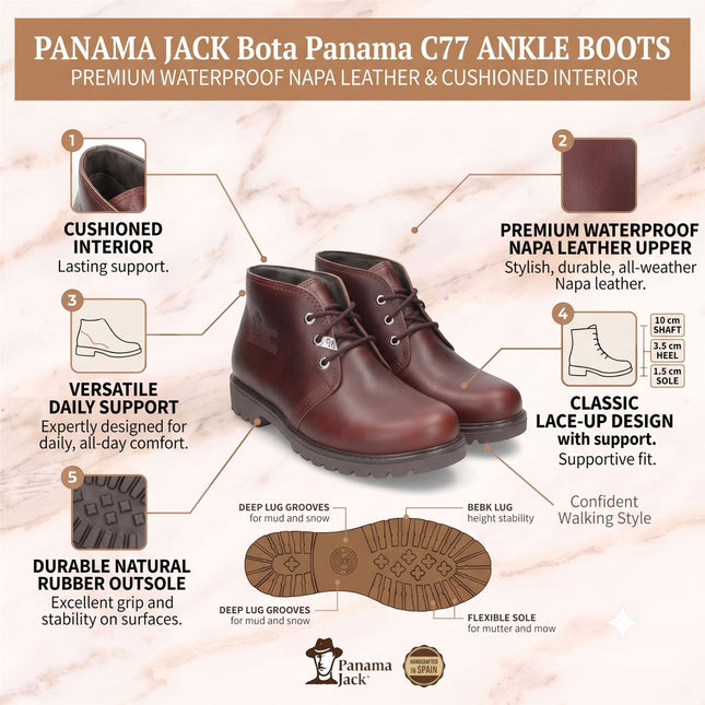 Panama Jack Men's Burgundy Leather Waterproof Lace-Up Ankle Boots - Bota C77