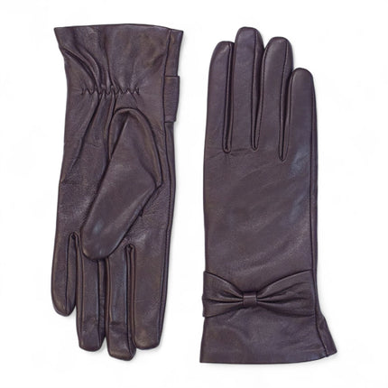 Womens Purple Italian Leather Winter Bow Design Soft Wool Lining Gloves - L-GLV-401