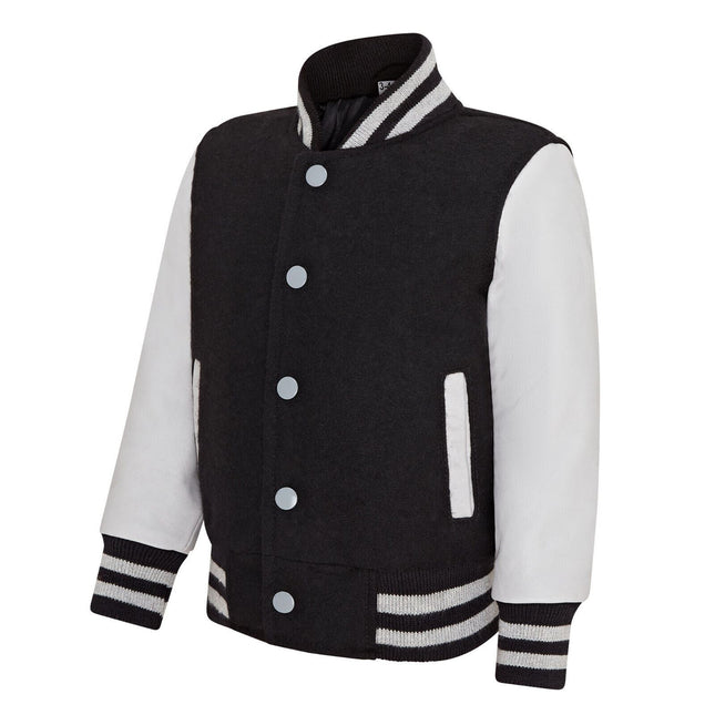Kids Black Wool Varsity Bomber Jacket with Real Leather Sleeves