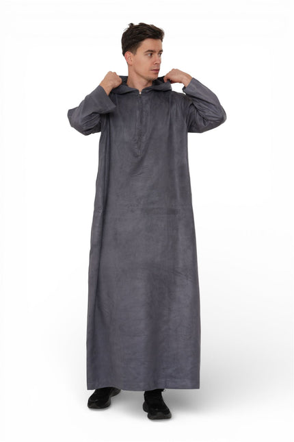 Men's Hooded Eid Grey Moroccan Jubba Robe Ramadan Eid Thobe - HM12