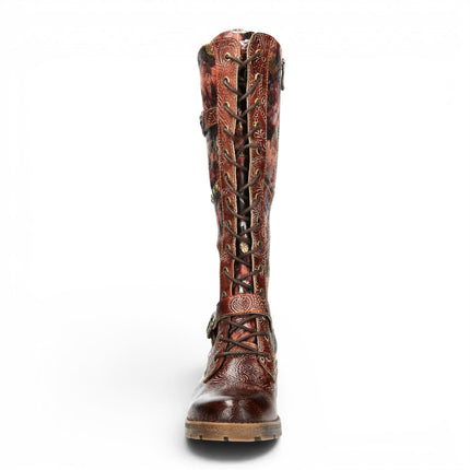 Laura Vita Women's Victorian Floral Maroon Leather High Lace-Up Long Boots - Cocrailo-82
