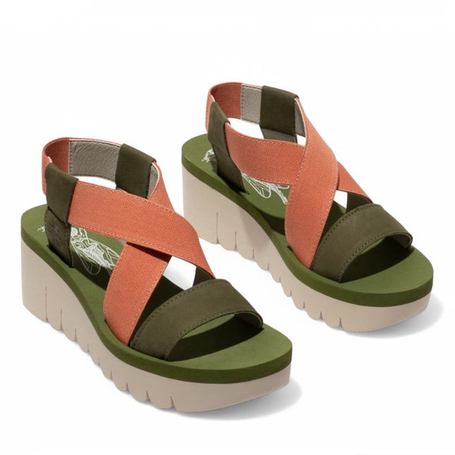 Fly London Women's Yabi922Fly Green / Tea Rose Cupido Leather Wedge Sandals
