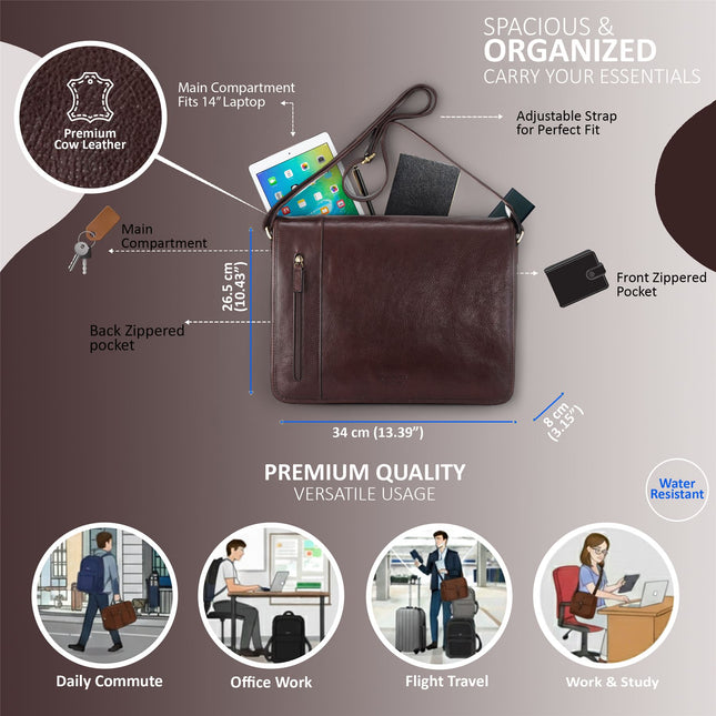 Genuine Leather Brown Laptop Satchel Messenger Shoulder Bag - Astor