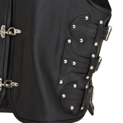 Men’s Black Biker Leather Waistcoat Metal Buckles Vest - Coolgardie