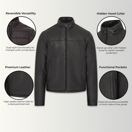 Mens Reversible Hooded Leather Jacket Premium Lambskin Napa