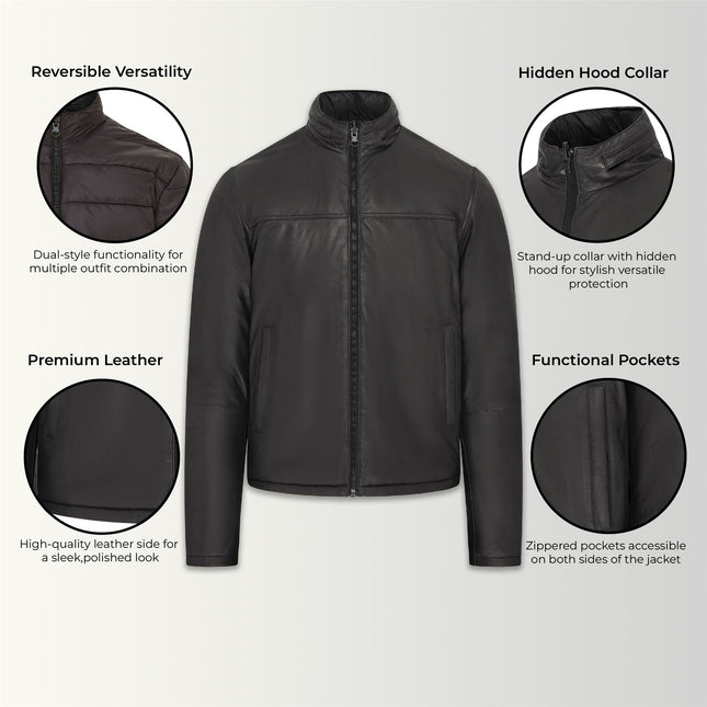 Mens Reversible Hooded Leather Jacket Premium Lambskin Napa