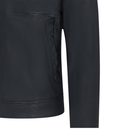 Mens Leather Blue Harrington Collar Biker Jacket - Alpha