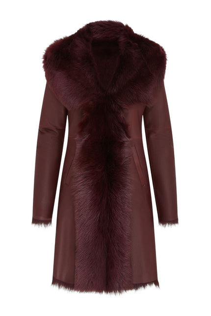 Womens Burgundy Red Toscana Sheepskin Leather Hooded Trench Coat - Coast