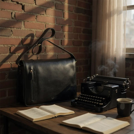 Genuine Leather Black Laptop Satchel Messenger Shoulder Bag - Astor