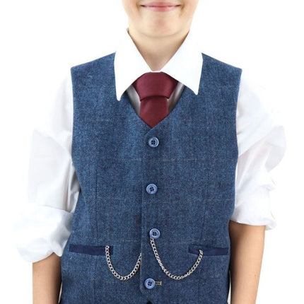 Boys 3 Piece Blue  Herringbone Tweed Check Classic  Suit