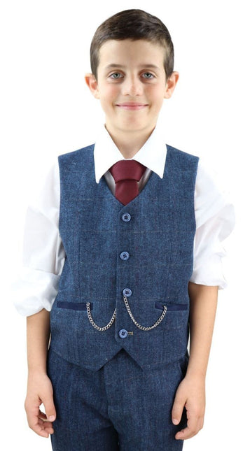 Boys 3 Piece Blue  Herringbone Tweed Check Classic  Suit