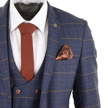 Mens 3 Piece Navy Blue Retro Check Vintage Classic Suit