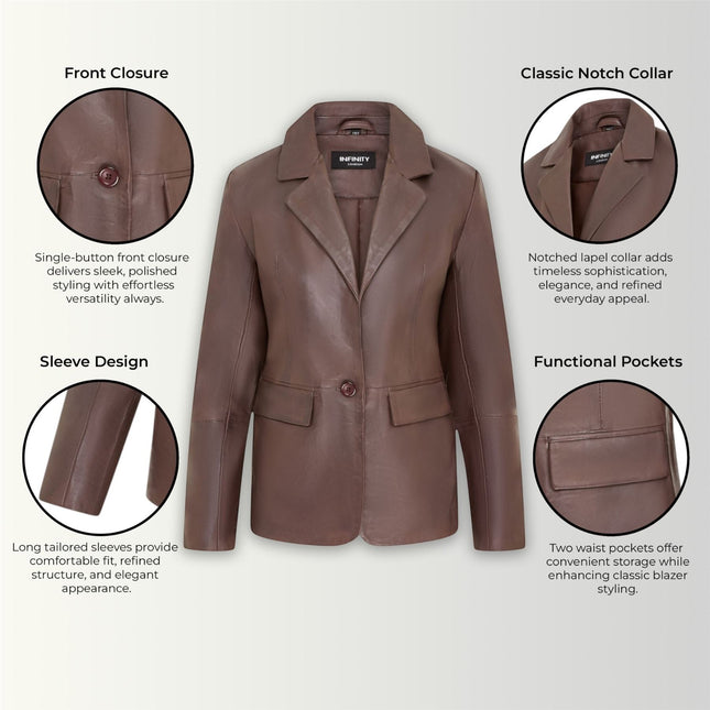 Womens Soft Conker Brown Leather Blazer Jacket-Apeldoor