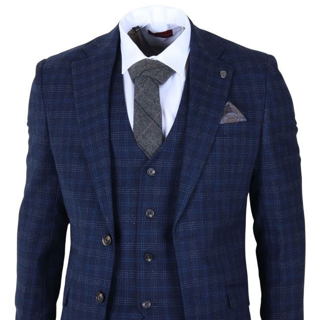Men's Navy Blue Plain Check 3 Piece Suit Slim Fit Formal Suit
