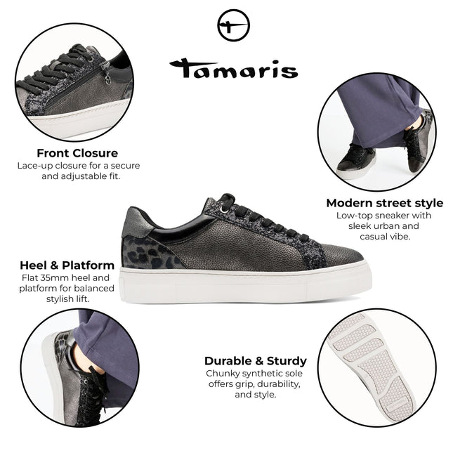 Tamaris Womens Petwer Silver Faux Leather Fashion Lace Up Sneakers